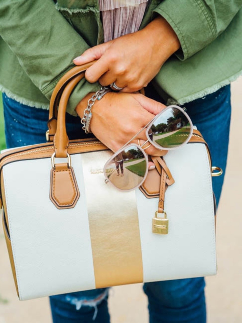 Michael Kors White and Tan Satchel with Gold Stripe pre-owned.